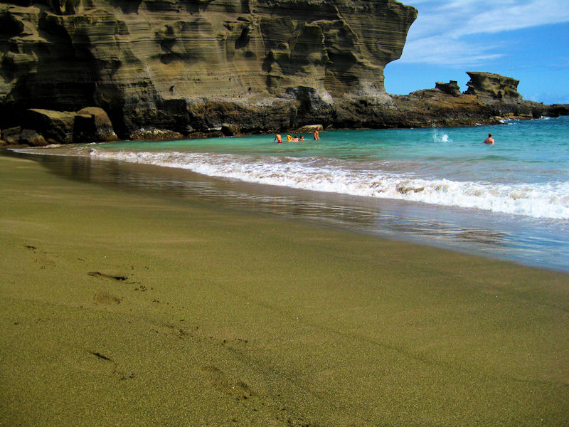 The deep green sand beach at South Point